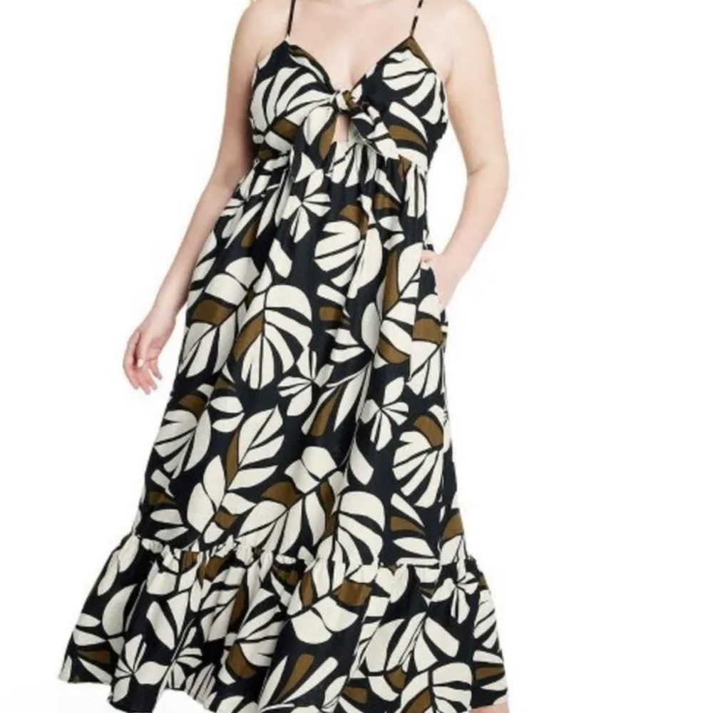 Tabitha Brown *Target Linen Blend Botanical Print Midi Tie Front Dress S Small